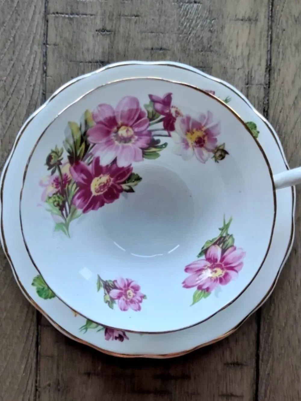 Vintage Crownford Teacup & Saucer Pink-Yellow Flowers + Gilt Scalloped Edges